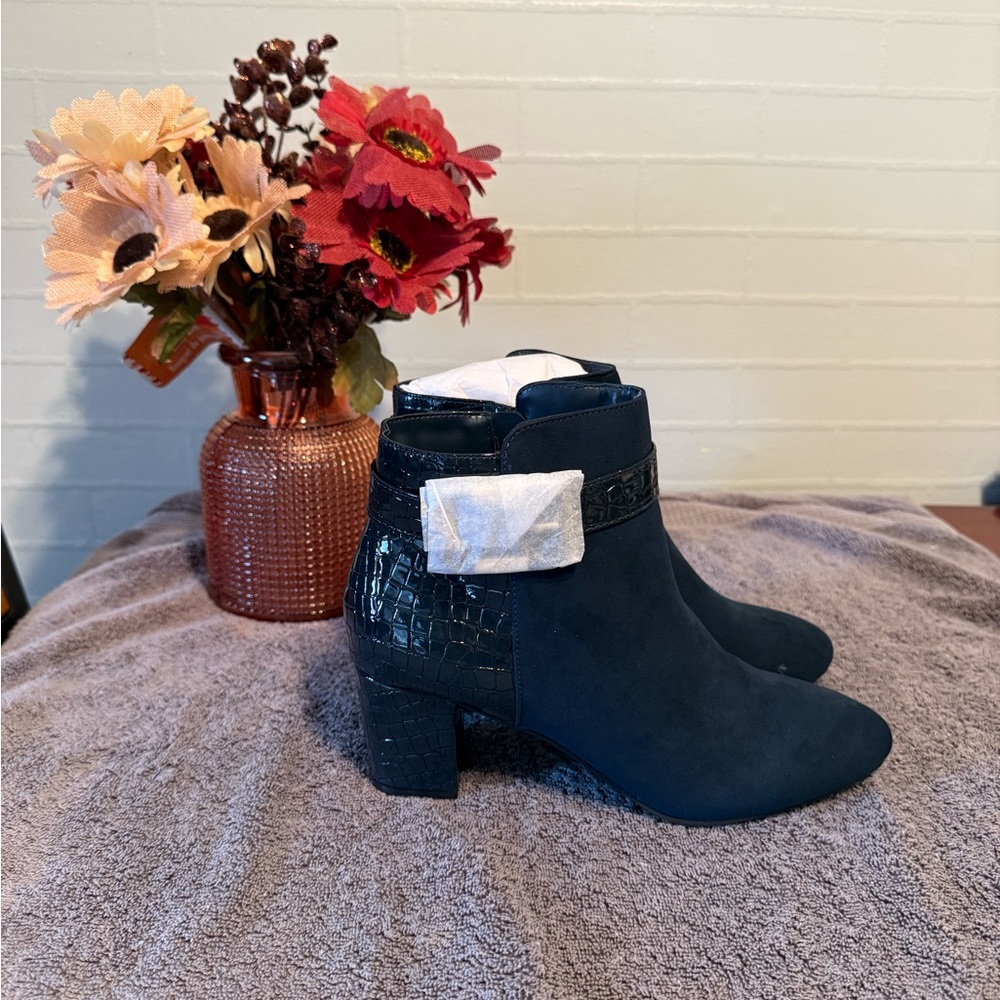 Jones New York Navy Suede Ankle Booties with Croc Heel Accent